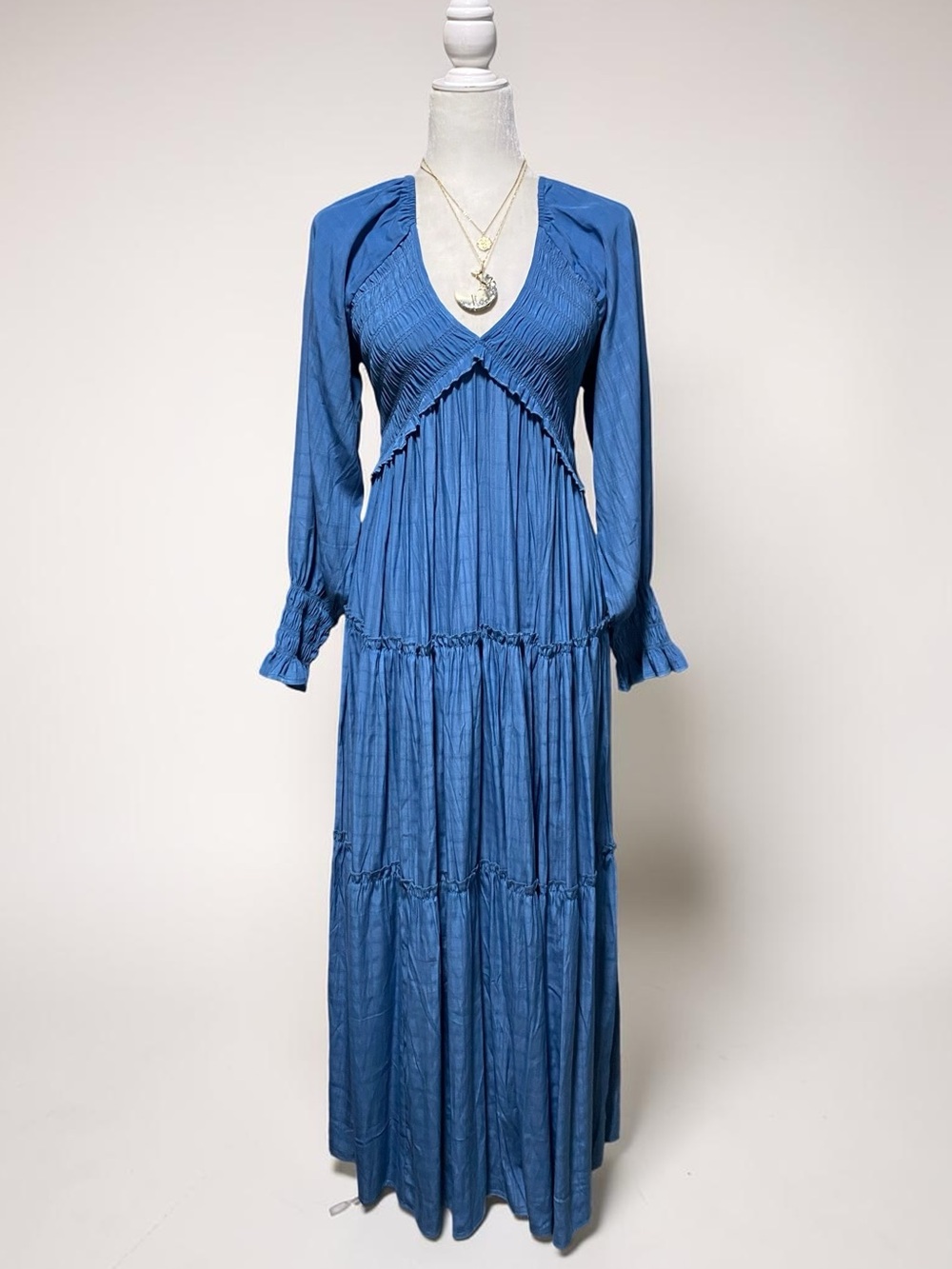 R. Vivimos Blue Long Sleeve Maxi Dress Boho Flowy Layered Ruffle Sz S NWT